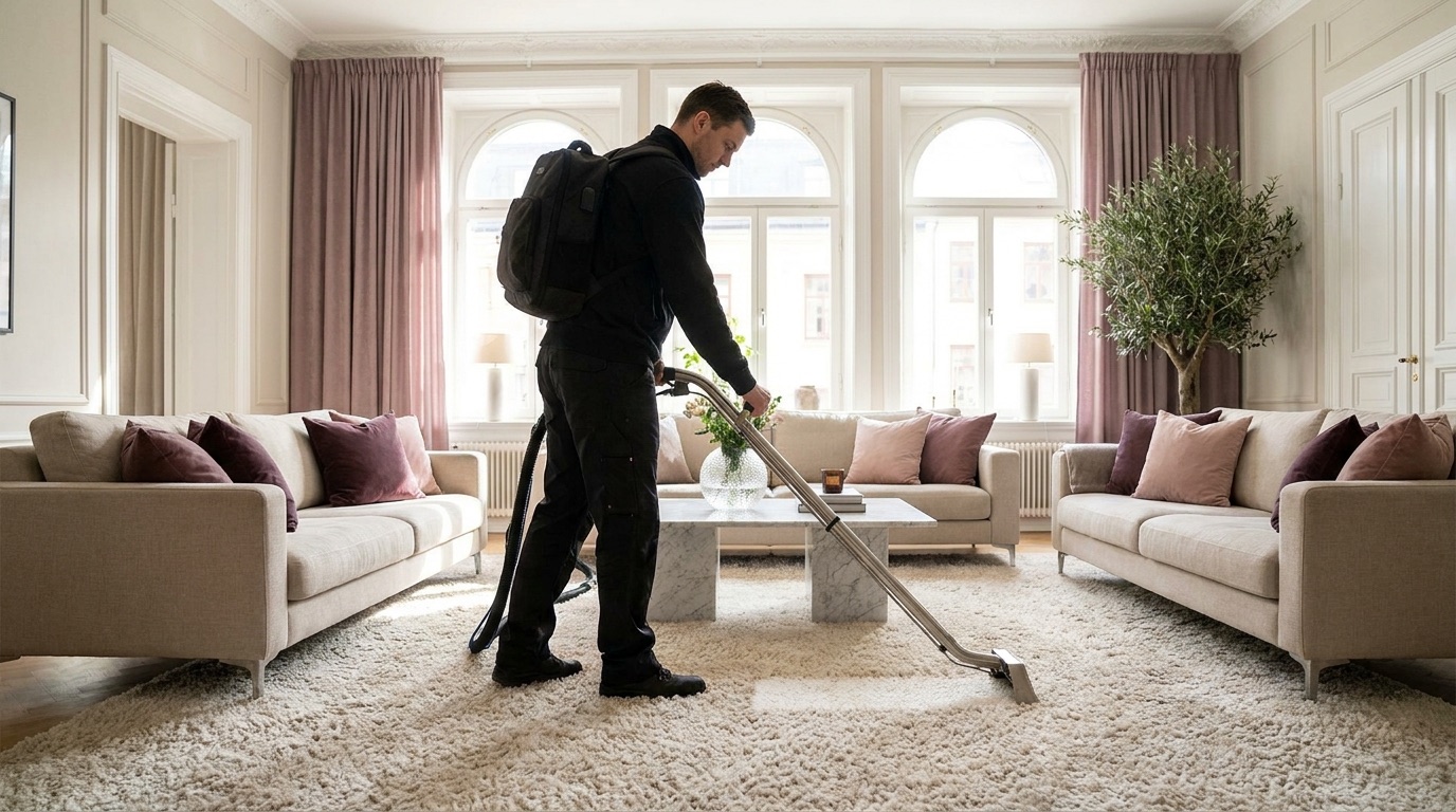 Technician steam-cleaning a cream carpet in an elegant living room, a visible clean stripe running through the pile
